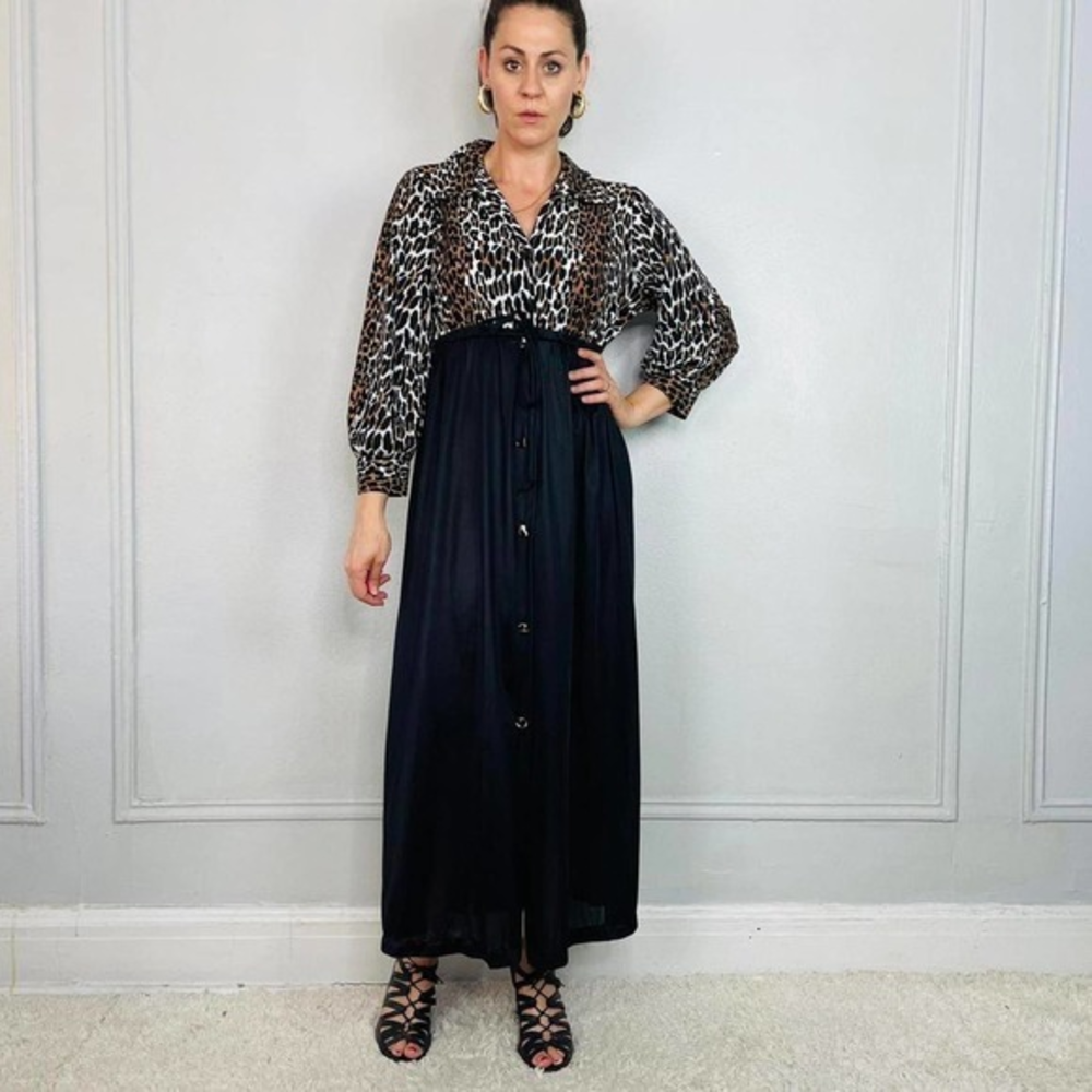 Vintage 70s Cat Print‎ and Black Maxi Dress